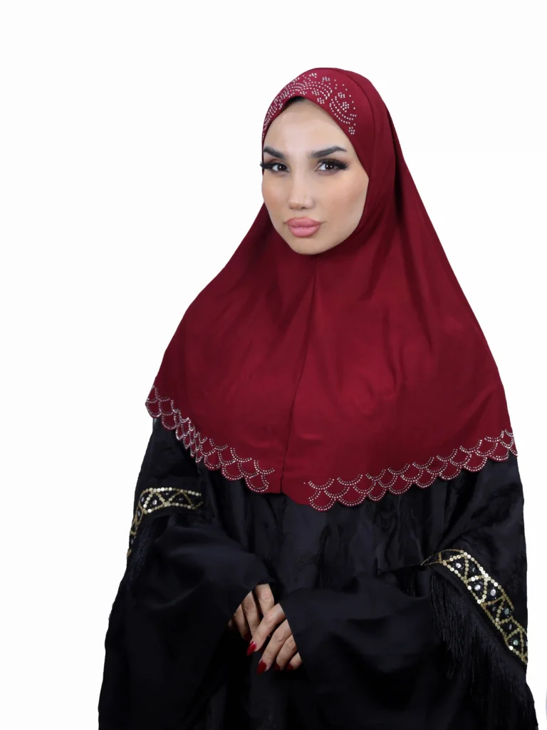 The rear view of a rich Maroon Embroidered Hijab with Beadwork, clearly showing the scalloped rhinestone trim along the bottom edge and the flowing drape of the fabric.