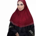 The rear view of a rich Maroon Embroidered Hijab with Beadwork, clearly showing the scalloped rhinestone trim along the bottom edge and the flowing drape of the fabric.