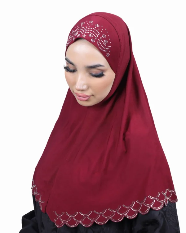 A woman modeling the Maroon Embroidered Hijab with Beadwork, posing with hands folded, showcasing the rhinestone cap design and the matching scalloped trim.