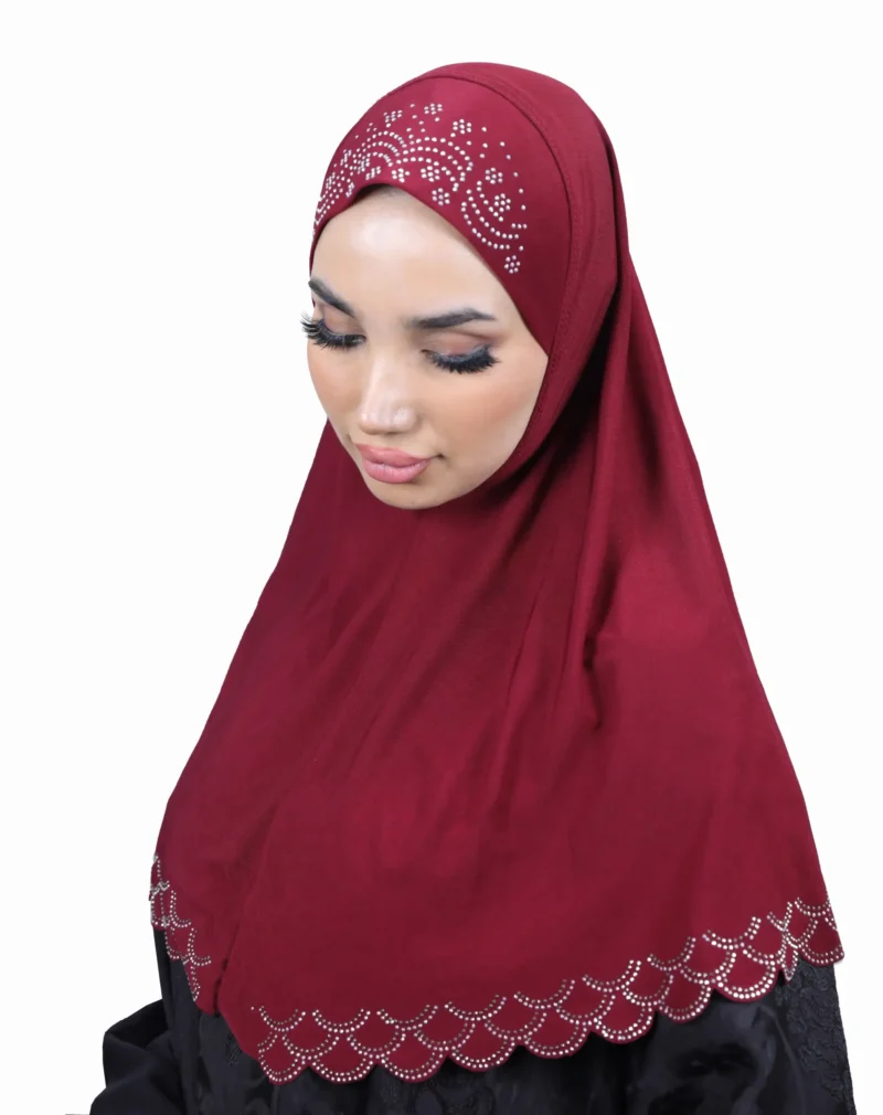 A woman modeling the Maroon Embroidered Hijab with Beadwork, posing with hands folded, showcasing the rhinestone cap design and the matching scalloped trim.