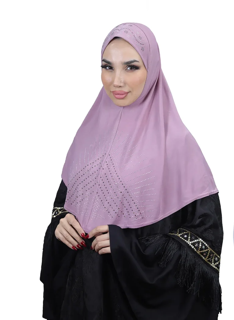 A woman models a Light Purple Rhinestone Hijab, facing forward and showcasing the full front panel with the prominent sunburst rhinestone design.