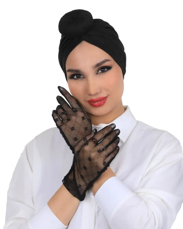 Black Cotton Dantel Lace Gloves for Women