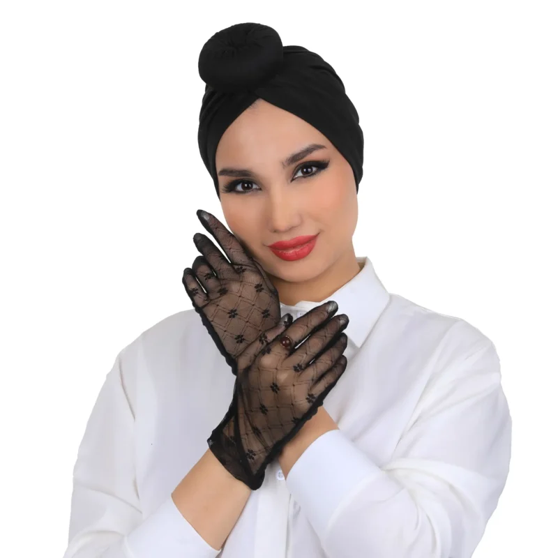 42507 (1) Black Cotton Dantel Lace Gloves for Women