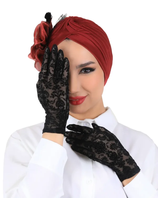 Black Dantel Floral Lace Gloves for Women