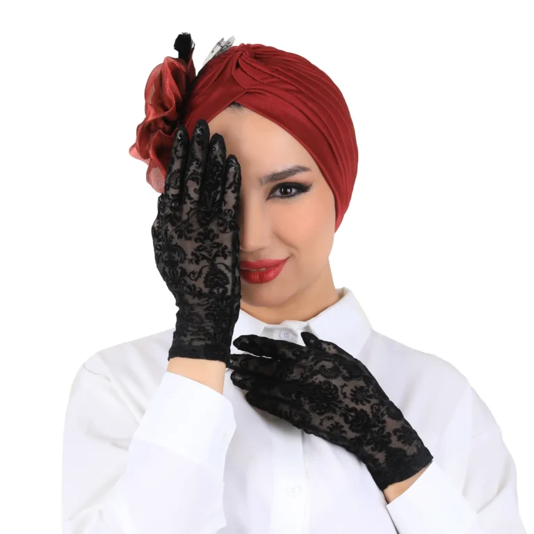 Black Dantel Floral Lace Gloves for Women