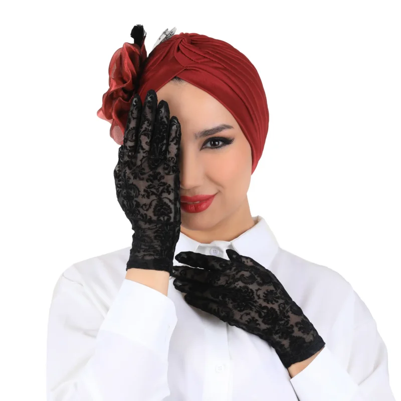 42519 (3) Black Dantel Floral Lace Gloves for Women