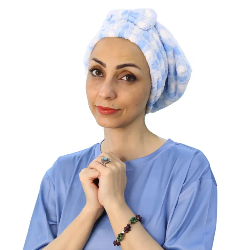 A side view of a woman modeling the Plush Comfort Fashion Turban, highlighting the full head coverage and the soft, velvet-like texture of the fabric.