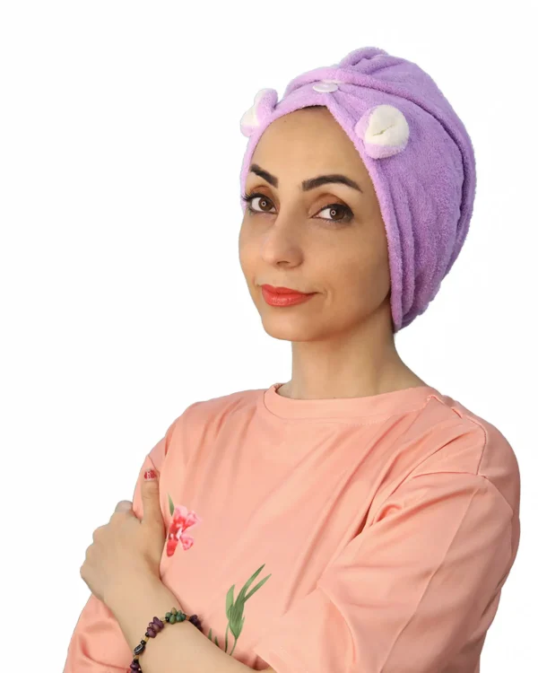 A woman models a Plush Cute Ear Turban Wrap, facing forward, highlighting the full coverage and the adorable, upright ears detail.