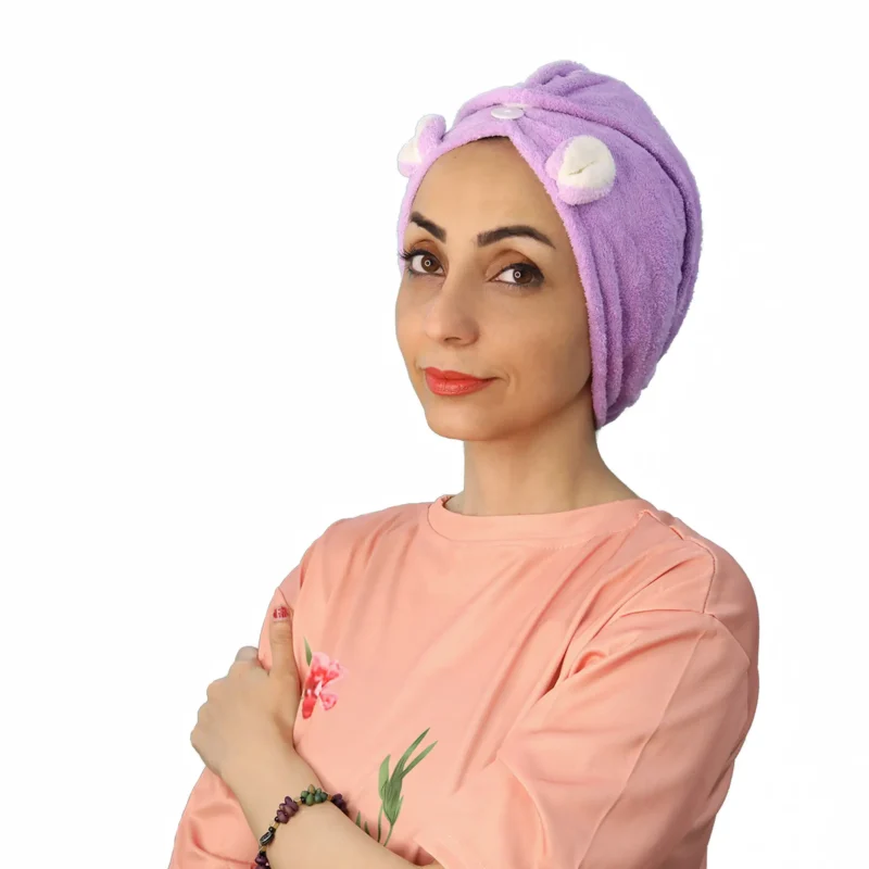 A woman models a Plush Cute Ear Turban Wrap, facing forward, highlighting the full coverage and the adorable, upright ears detail.
