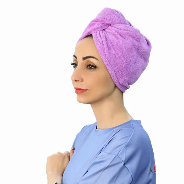 A woman modeling the Soft Microfiber Hair Drying Turban, viewed from the side, emphasizing the plush texture and the full coverage around the hair.