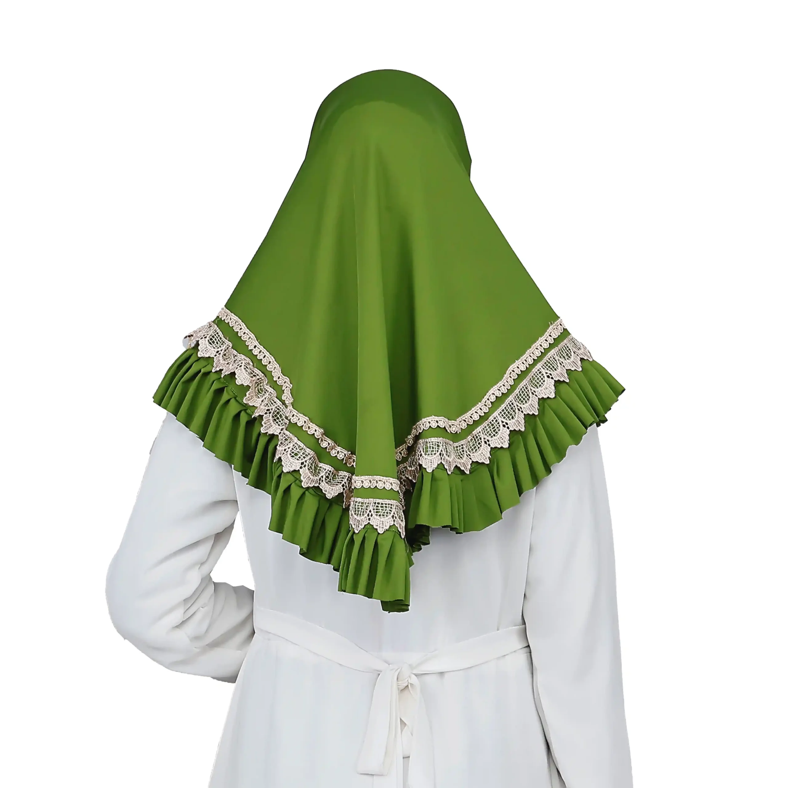 A woman models a Vibrant Green Ruffled and Lace Hijab, viewed from the side, emphasizing the pleating near the head and the volume of the ruffles and lace.