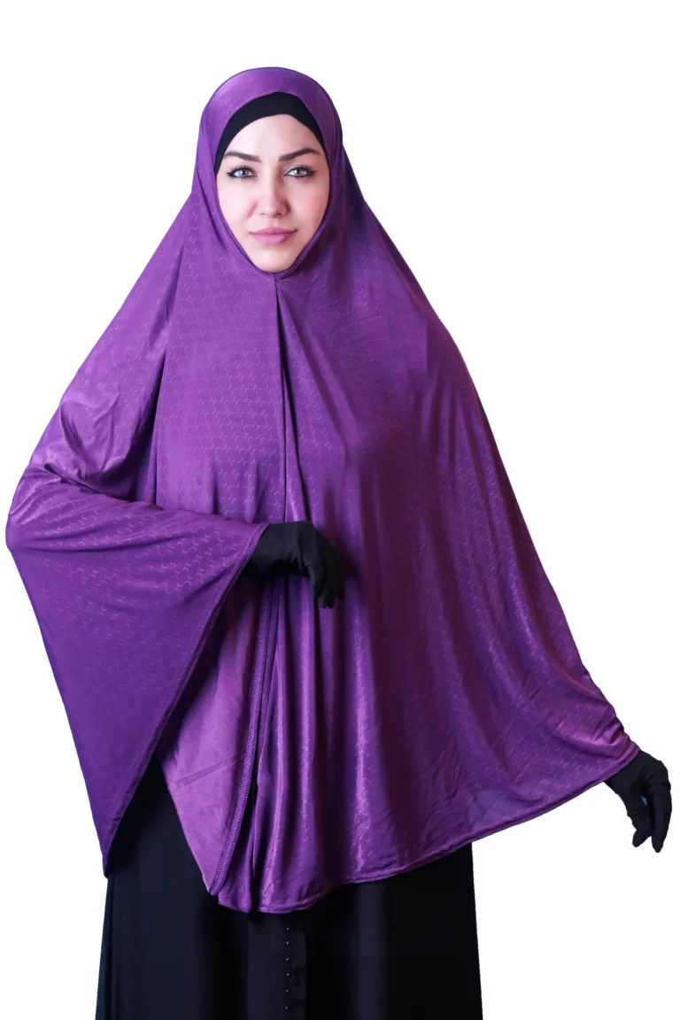 A woman models a stunning Royal Purple Rayon Hijab for Women, showcasing its elegant drape and design.