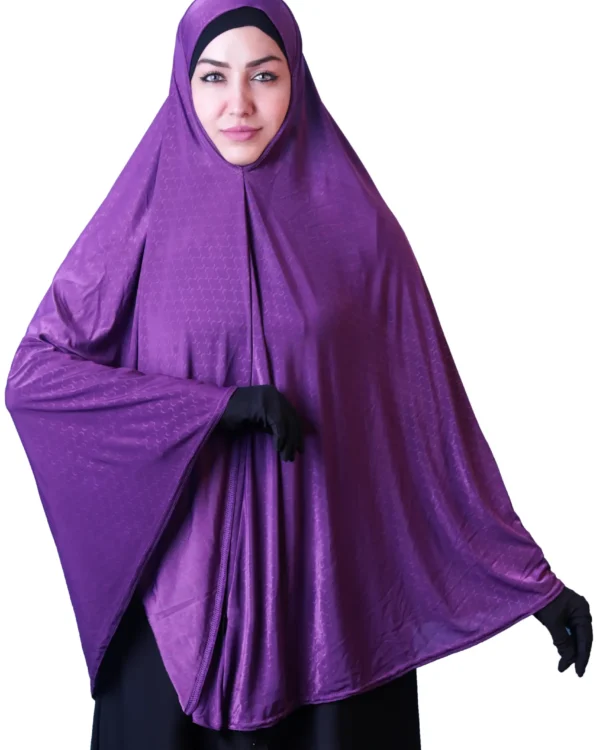 A woman models a stunning Royal Purple Rayon Hijab for Women, showcasing its elegant drape and design.
