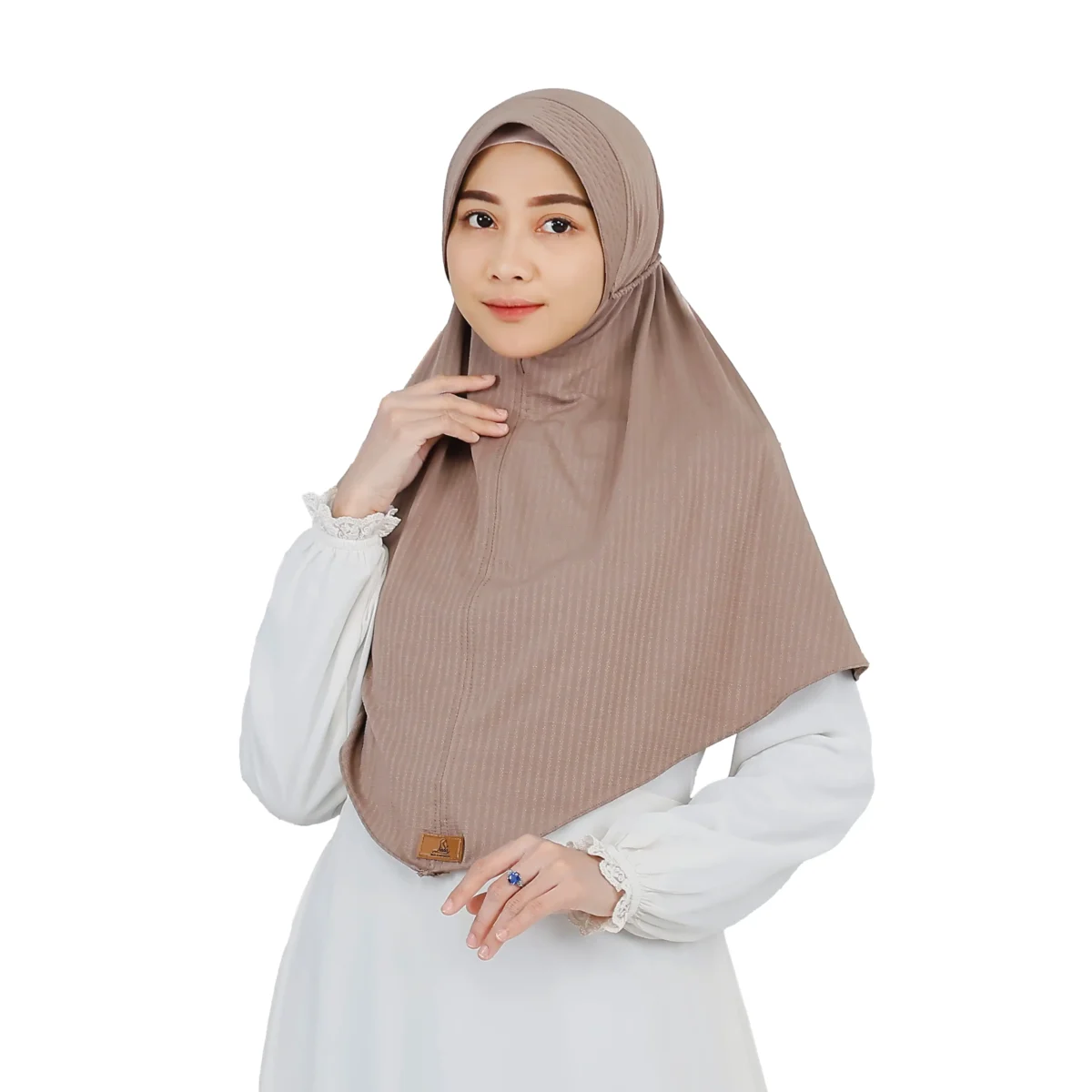 The rear view of a Light Brown Striped Texture Hijab for Women, showcasing the adjustable drawstring at the back and the fine striped texture of the fabric.