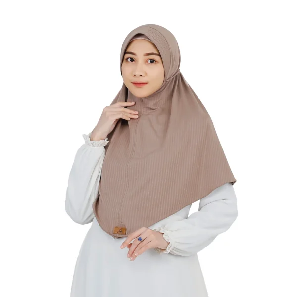 The rear view of a Light Brown Striped Texture Hijab for Women, showcasing the adjustable drawstring at the back and the fine striped texture of the fabric.
