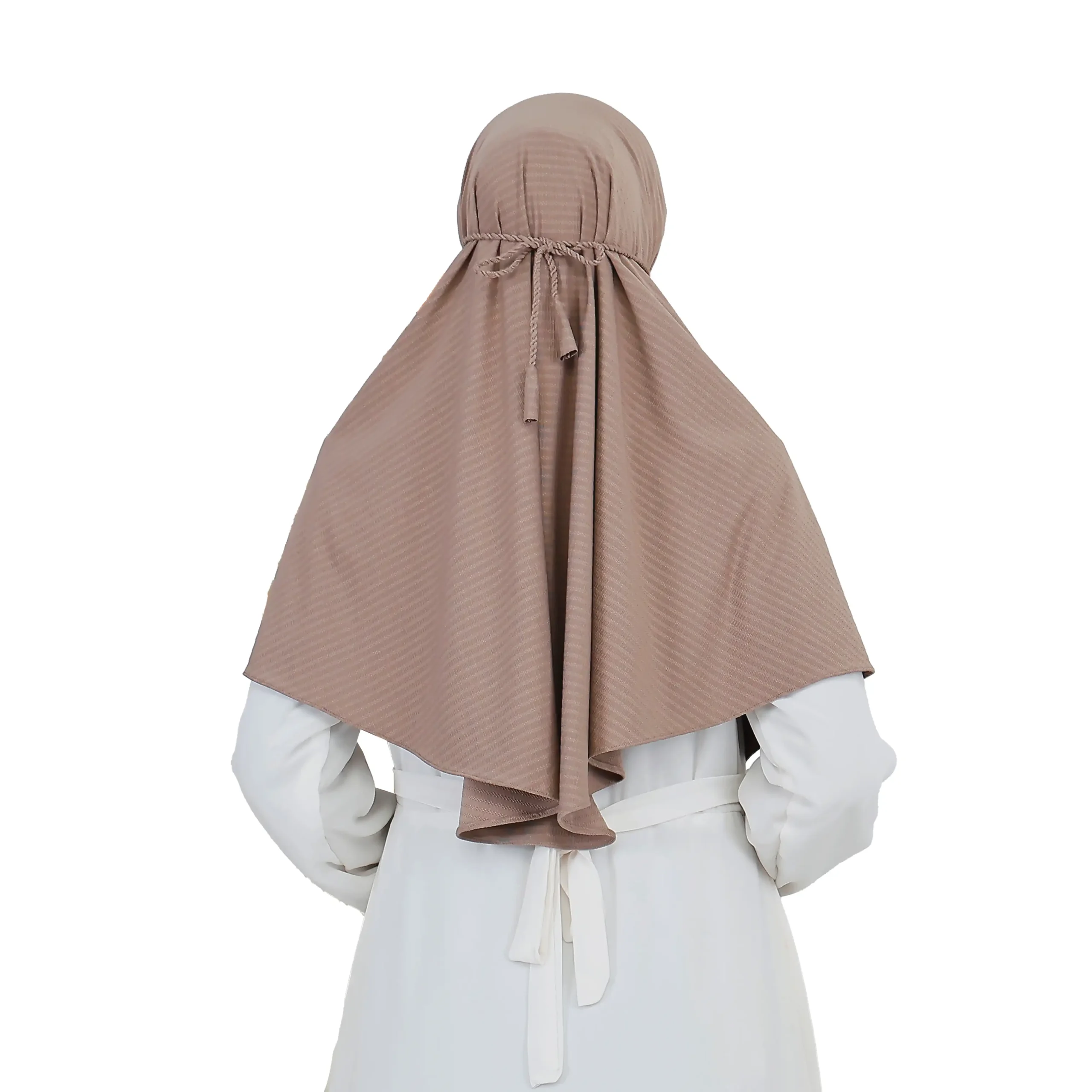 A woman models a Light Brown Striped Texture Hijab for Women, facing forward with one hand near her neck, highlighting the textured material and modest, ready-to-wear design.