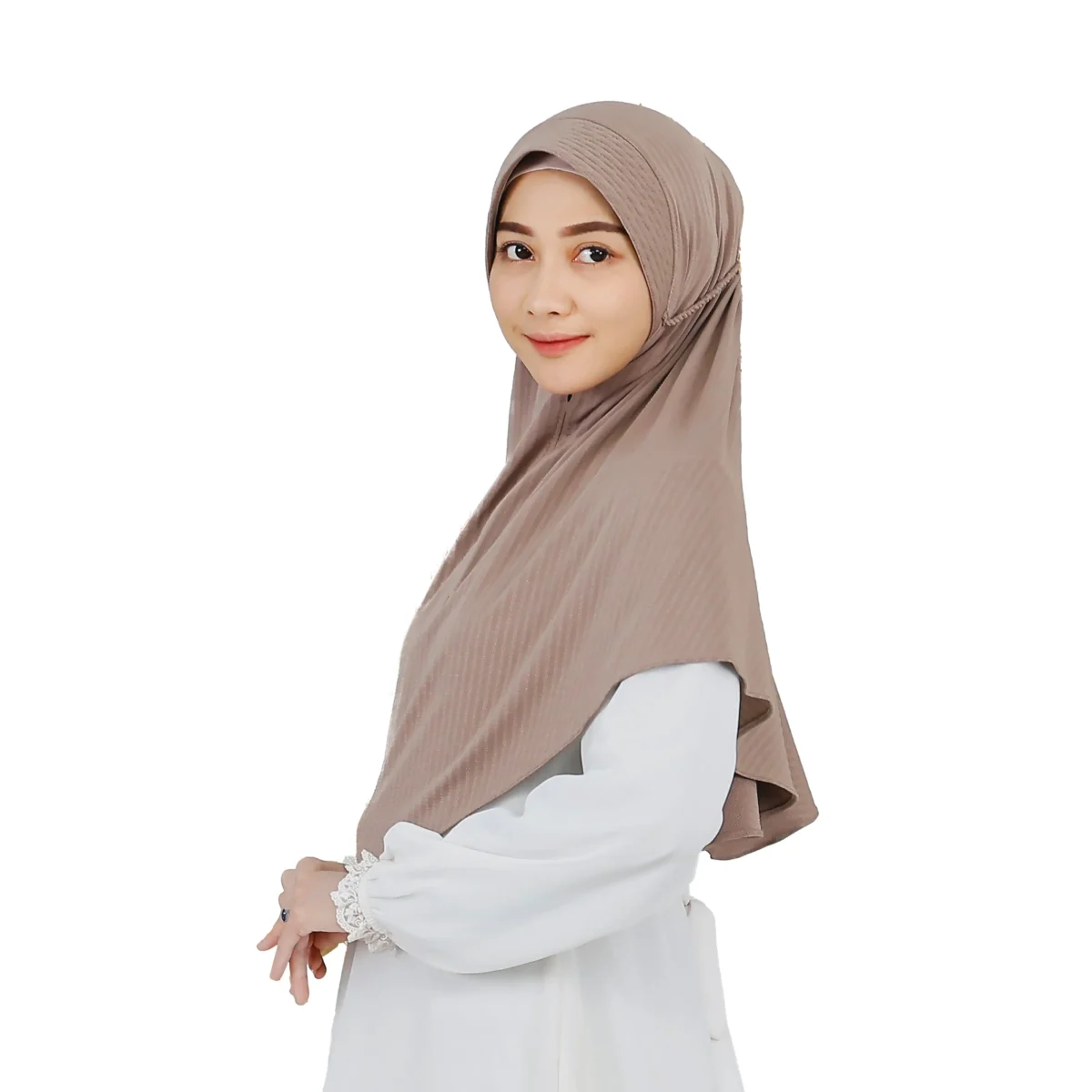 A woman models a Light Brown Striped Texture Hijab for Women, viewed from the side, emphasizing the flattering fit and subtle striped pattern.