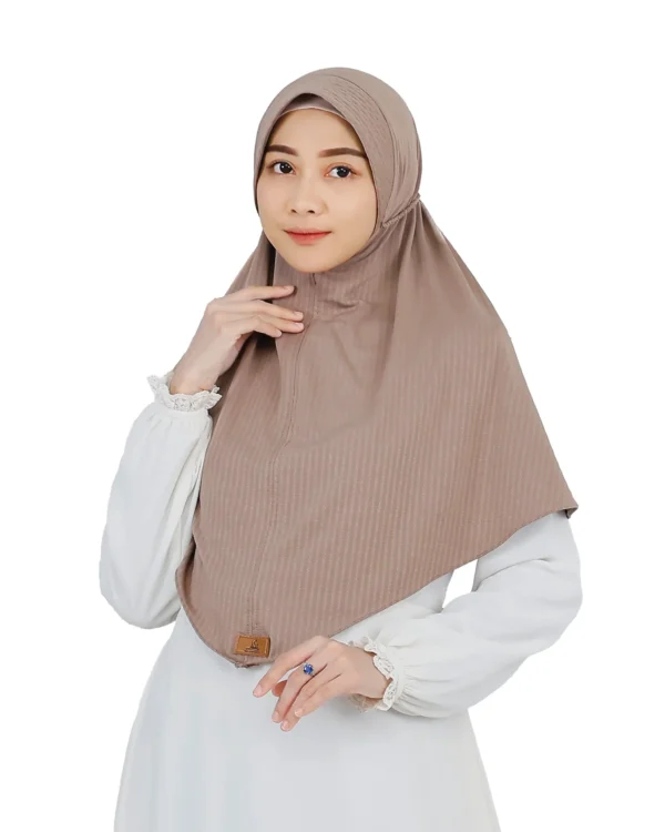 The rear view of a Light Brown Striped Texture Hijab for Women, showcasing the adjustable drawstring at the back and the fine striped texture of the fabric.