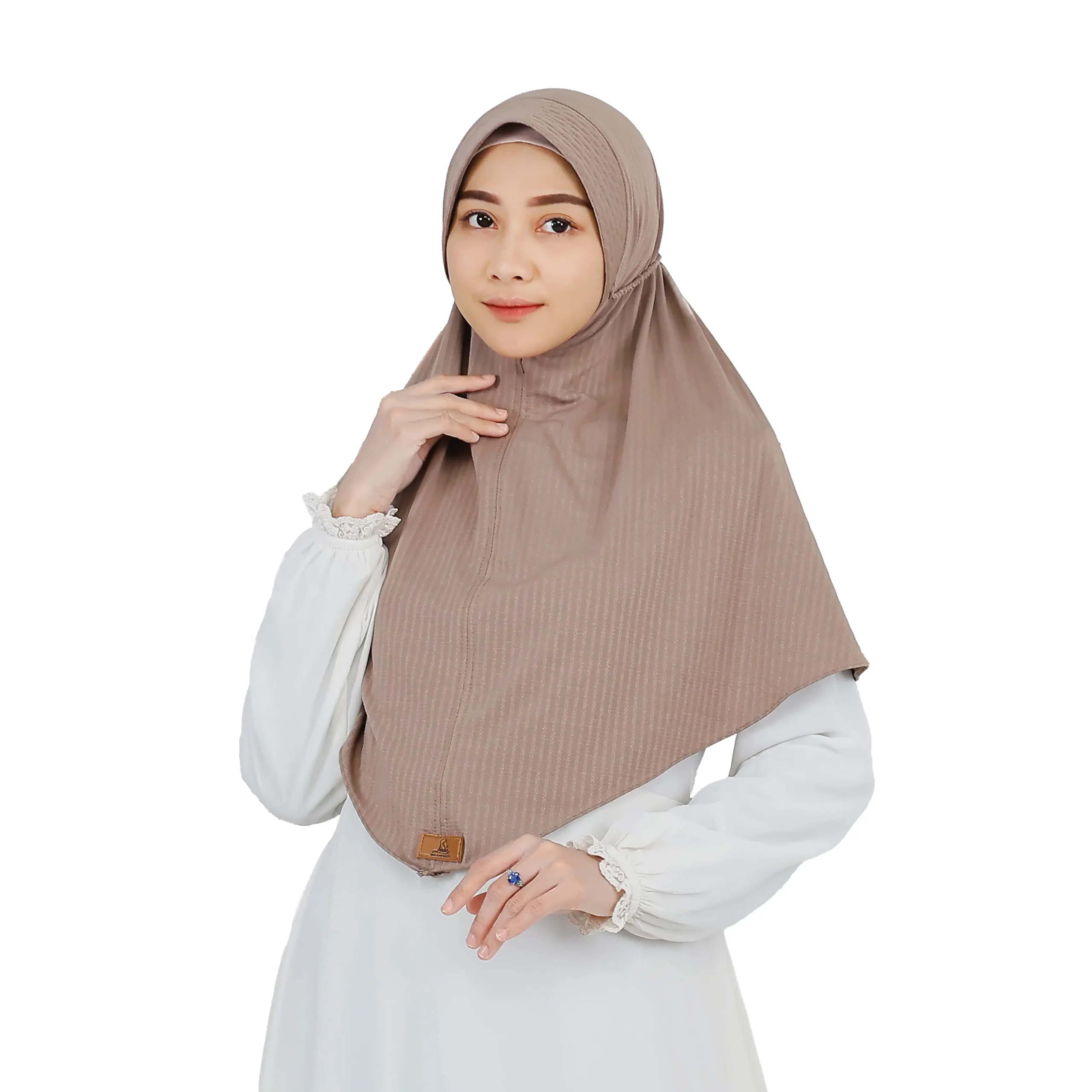 The rear view of a Light Brown Striped Texture Hijab for Women, showcasing the adjustable drawstring at the back and the fine striped texture of the fabric.