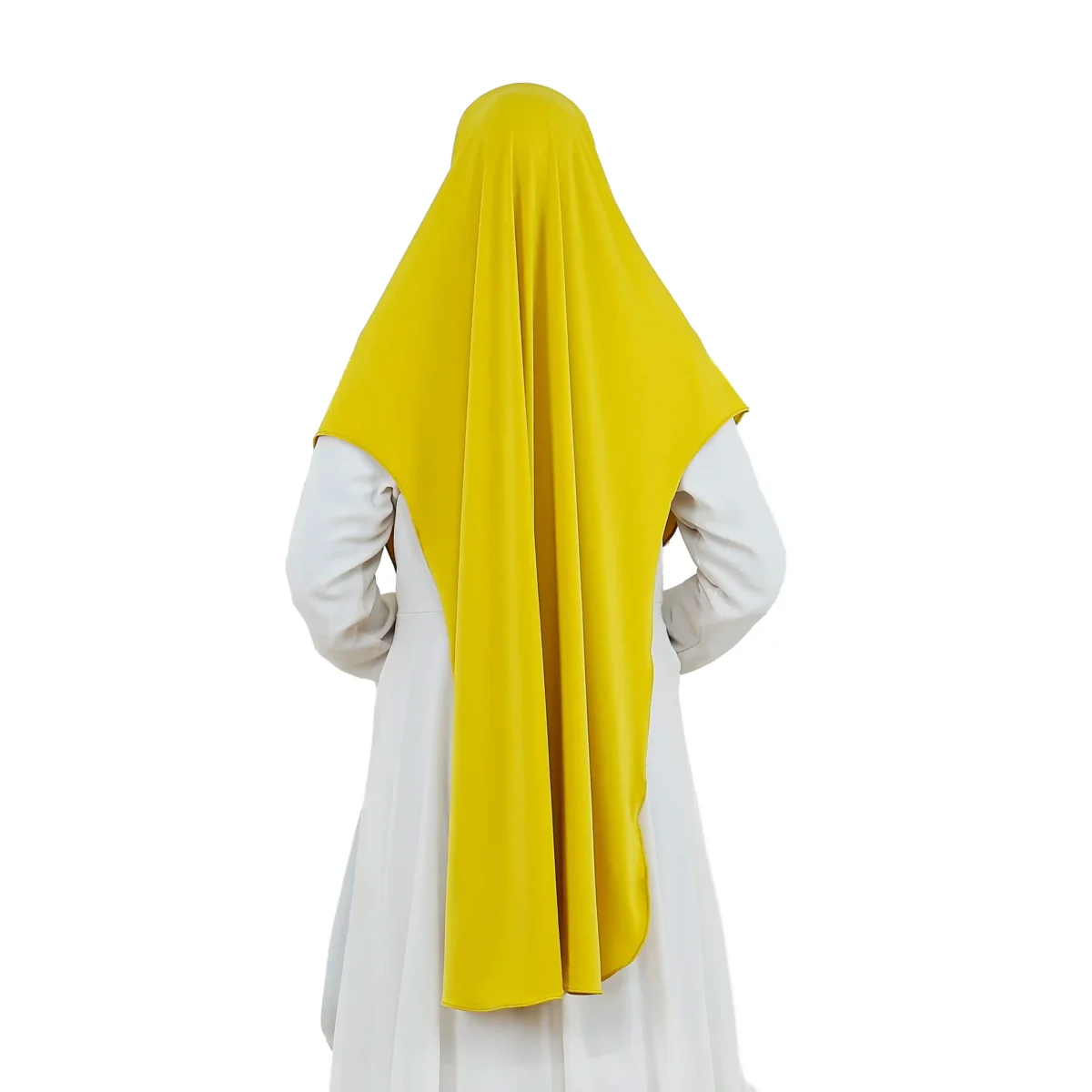 A woman models a Radiant Yellow Ribbed Hijab for Women, viewed from the side, emphasizing the texture near the head and the wide, sweeping drape of the yellow fabric.
