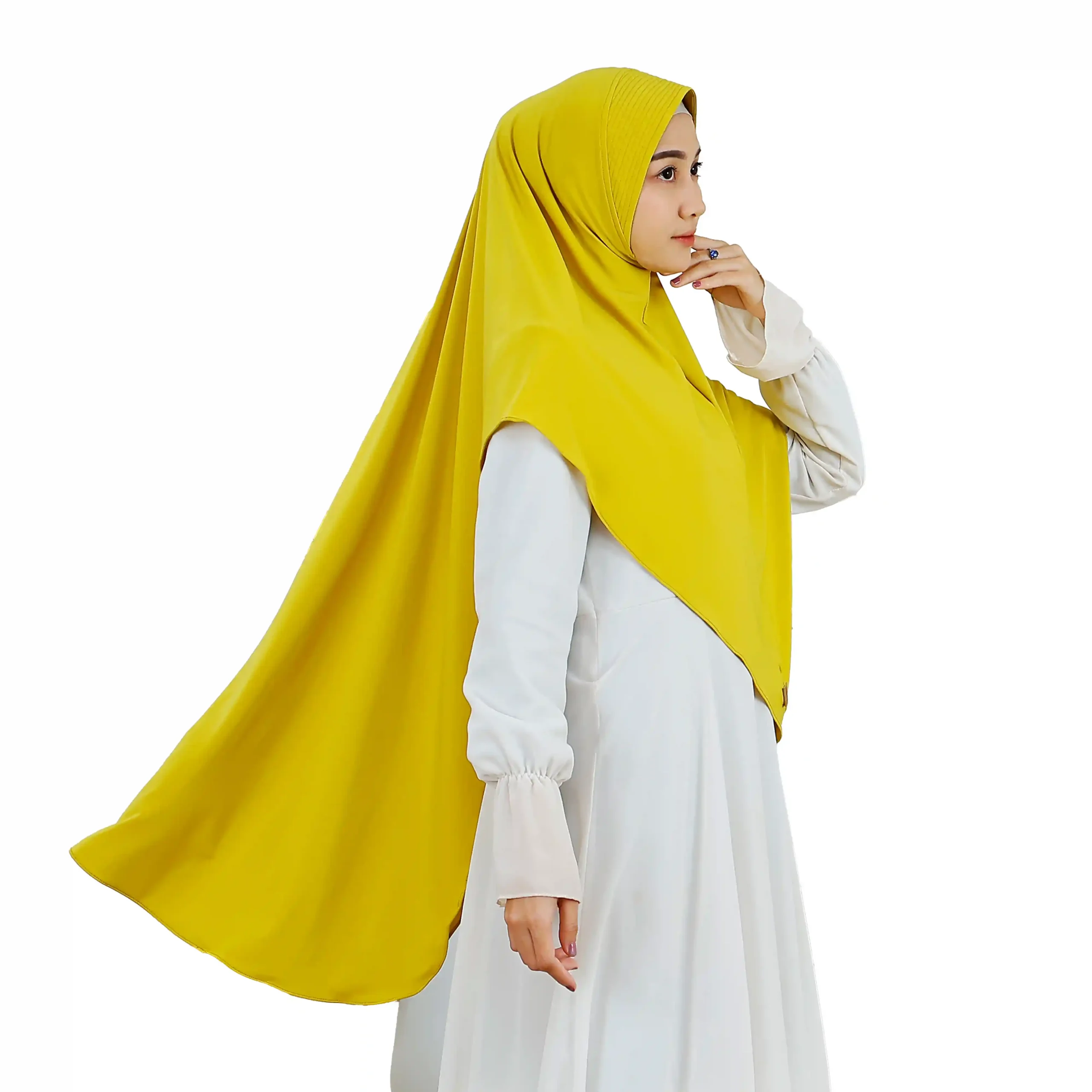 A woman models a Radiant Yellow Ribbed Hijab for Women, facing forward, highlighting the bright color and the ready-to-wear design with a chin-to-chest line.