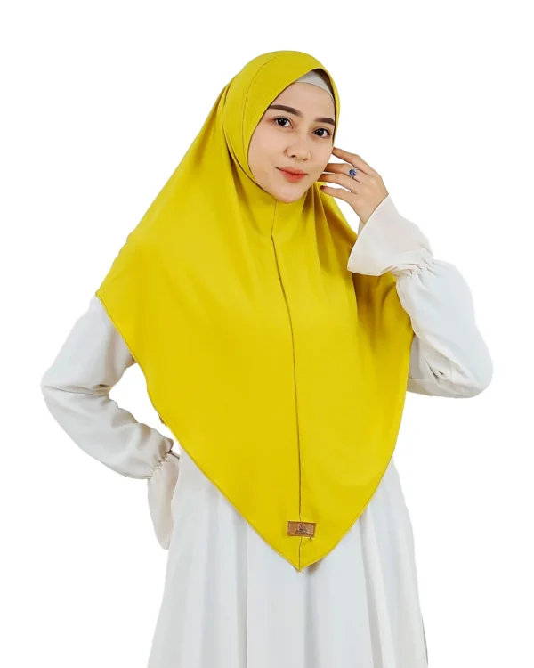 The rear view of a Radiant Yellow Ribbed Hijab for Women, showcasing the full-coverage style and the vibrant color of the flowing fabric.
