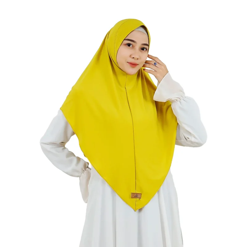The rear view of a Radiant Yellow Ribbed Hijab for Women, showcasing the full-coverage style and the vibrant color of the flowing fabric.