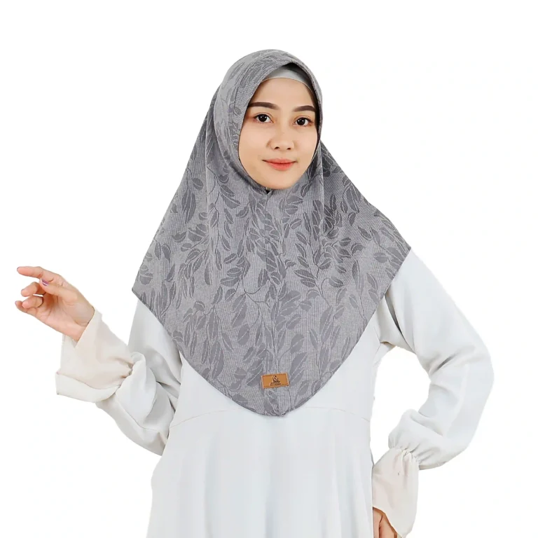 The rear view of a Chic Grey Hijab with Leaf Pattern, clearly showing the full coverage and the subtle, woven leaf design on the fabric.