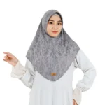 The rear view of a Chic Grey Hijab with Leaf Pattern, clearly showing the full coverage and the subtle, woven leaf design on the fabric.