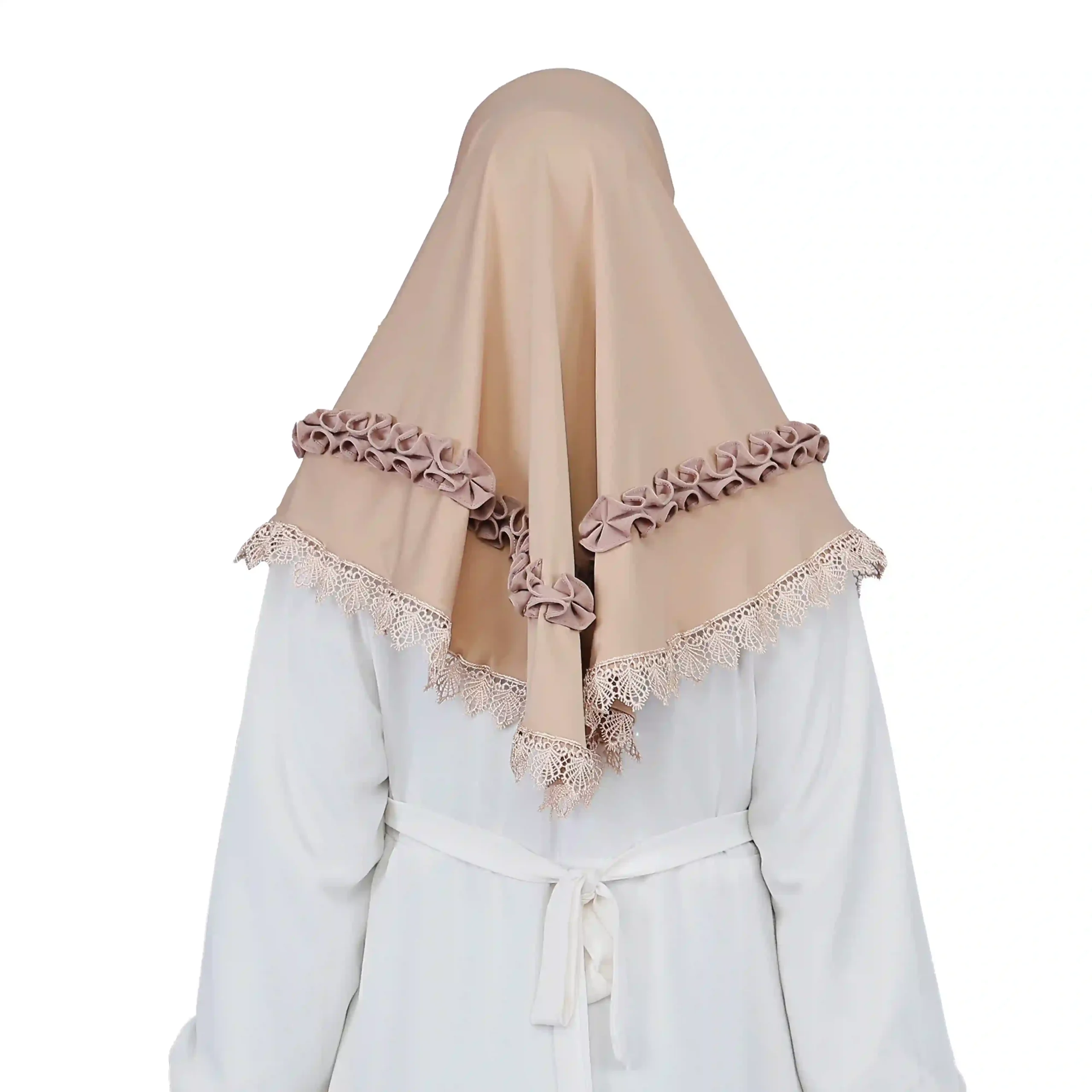 A woman models an Elegant Beige Ruffled and Lace Hijab, viewed from the side, emphasizing the texture of the ruffle details and the graceful flow of the fabric.