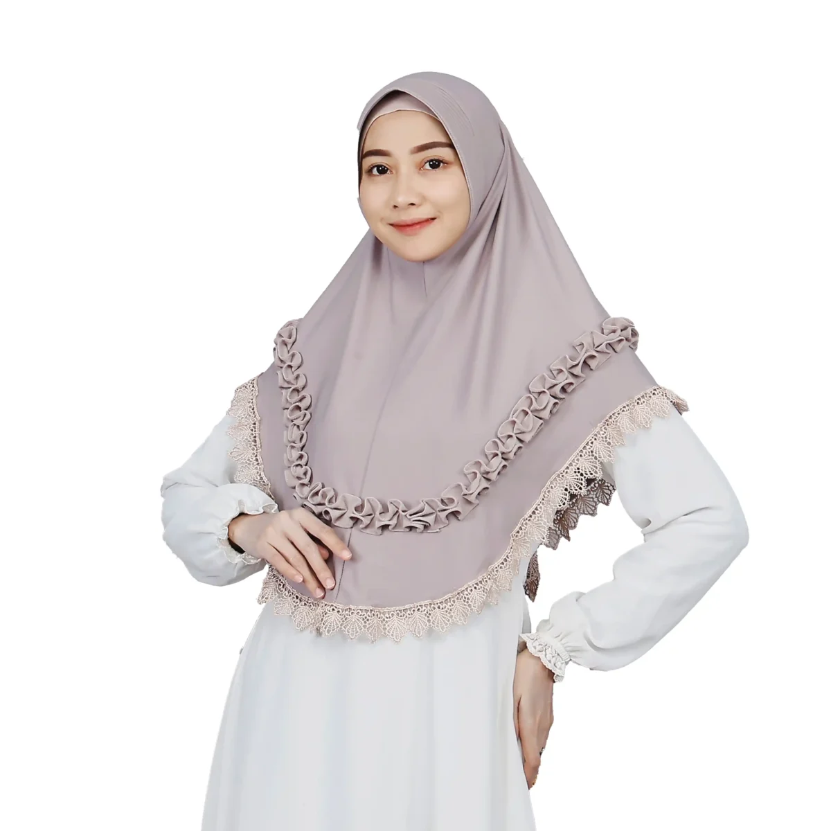 linda-IM-121220 A woman models a stunning Mauve Grey Ruffled and Lace Hijab, facing forward and smiling, highlighting the decorative lace trim and the ruffled layers across the chest.