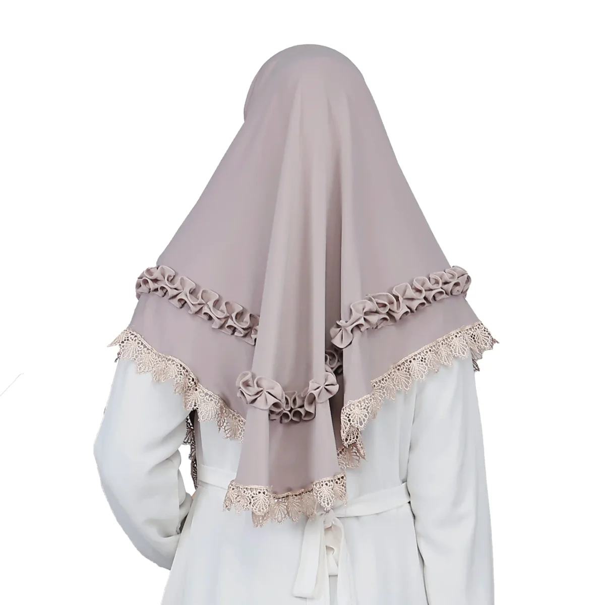 The rear view of the Mauve Grey Ruffled and Lace Hijab, clearly showing the graceful draping, the delicate lace border, and the ruffled fabric detailing on the back.