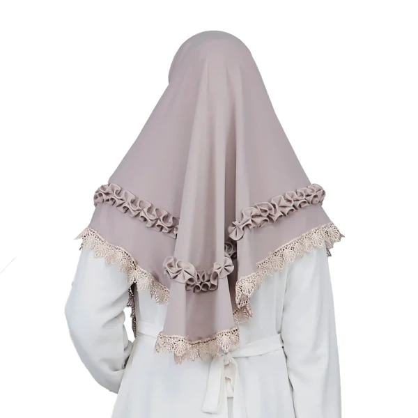 The rear view of the Mauve Grey Ruffled and Lace Hijab, clearly showing the graceful draping, the delicate lace border, and the ruffled fabric detailing on the back.