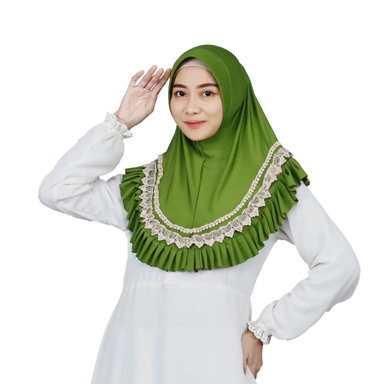 The rear view of a Vibrant Green Ruffled and Lace Hijab, highlighting the full coverage, the large ruffles, and the delicate lace trim along the edge.