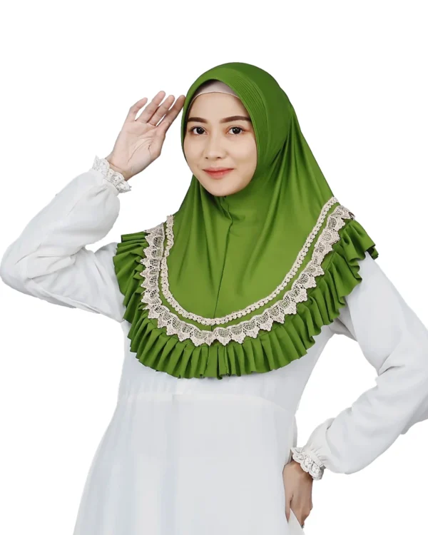 The rear view of a Vibrant Green Ruffled and Lace Hijab, highlighting the full coverage, the large ruffles, and the delicate lace trim along the edge.