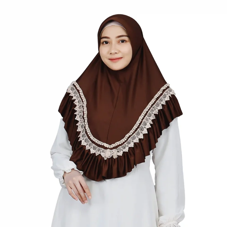 A woman models a Dark Brown Lace and Ruffle Hijab, viewed from the side, showcasing the contrasting white lace trim and the layered ruffles along the hem.