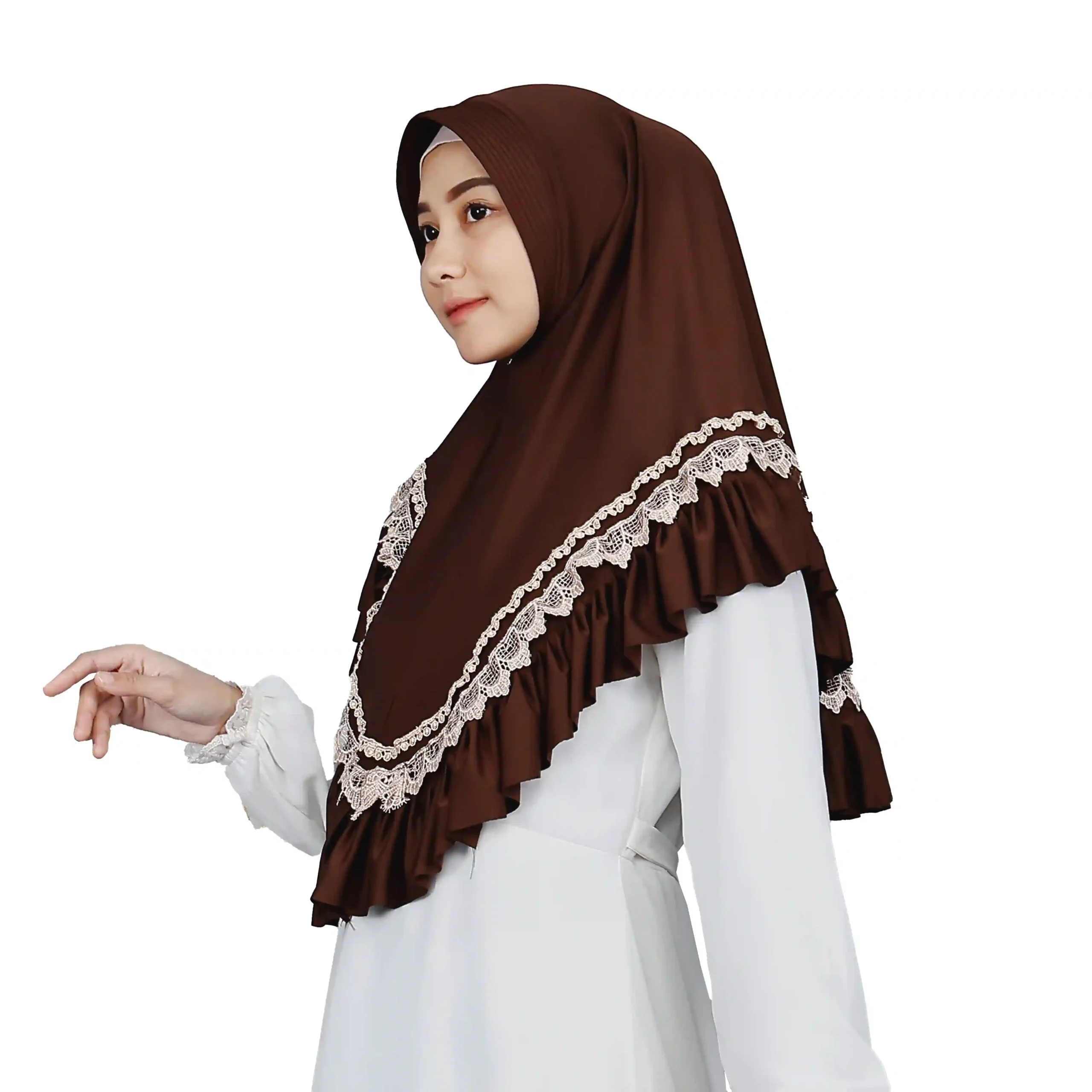 A woman models a Dark Brown Lace and Ruffle Hijab, facing the camera, highlighting the full coverage and the detailed white scalloped lace over the ruffles.