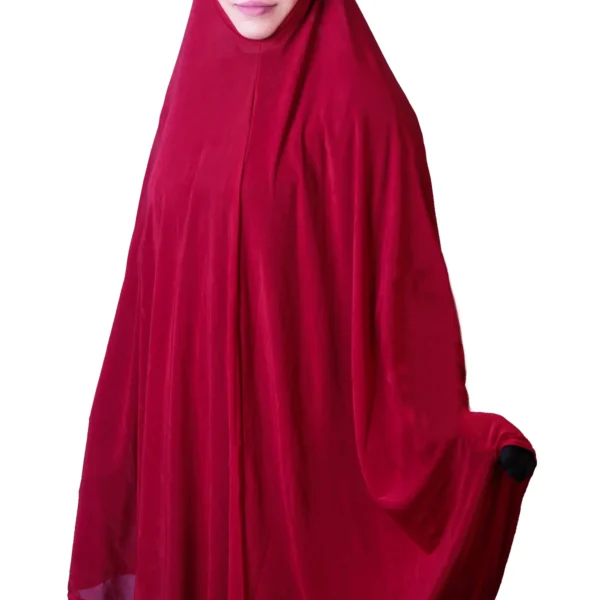 A woman modeling a luxurious Red Satin Hijab for Women, facing forward with her arms spread, highlighting the wide, flowing coverage and rich, vibrant color of the fabric.