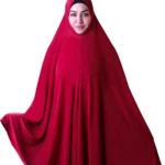 A woman modeling a beautiful Red Satin Hijab for Women, viewed slightly from the side, showcasing the elegant drape and the soft, subtle sheen of the fabric.
