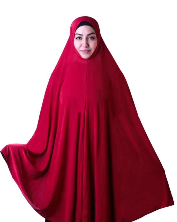 A woman modeling a beautiful Red Satin Hijab for Women, viewed slightly from the side, showcasing the elegant drape and the soft, subtle sheen of the fabric.