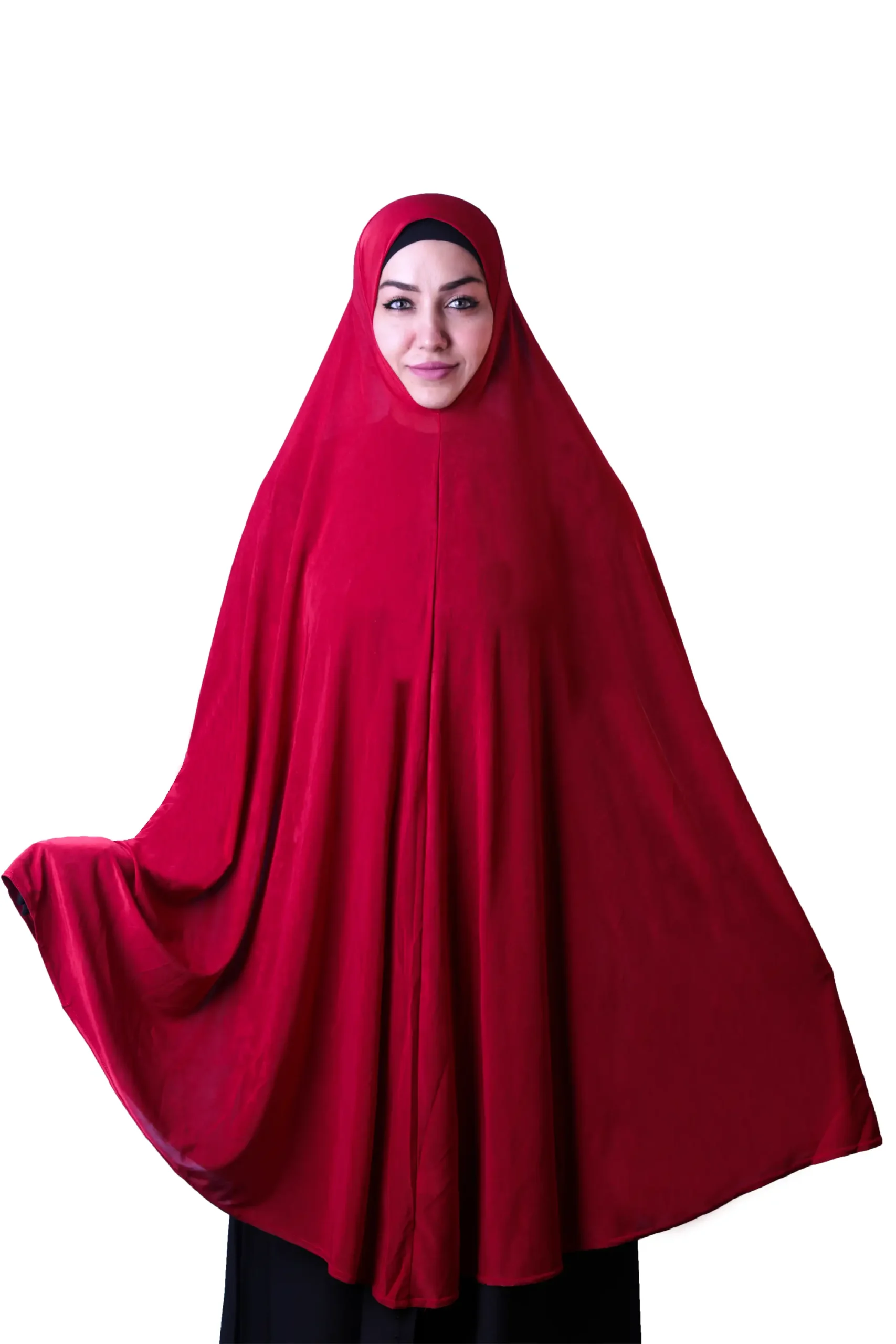 A woman modeling a beautiful Red Satin Hijab for Women, viewed slightly from the side, showcasing the elegant drape and the soft, subtle sheen of the fabric.