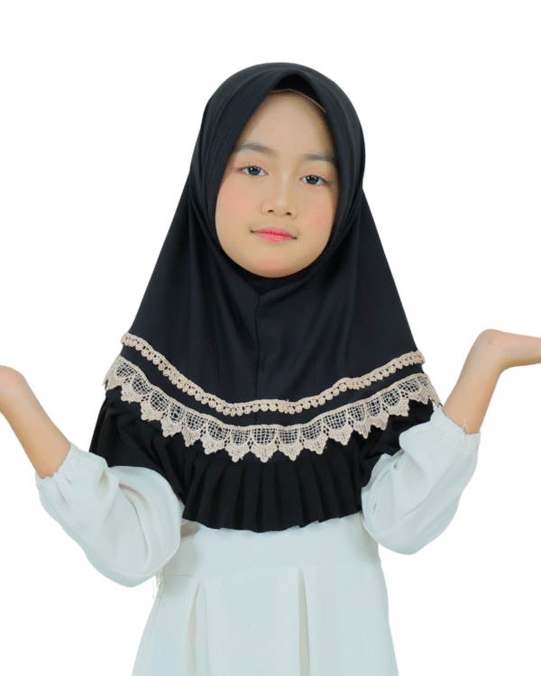 Chic Black Lace and Ruffle Hijab for Kids