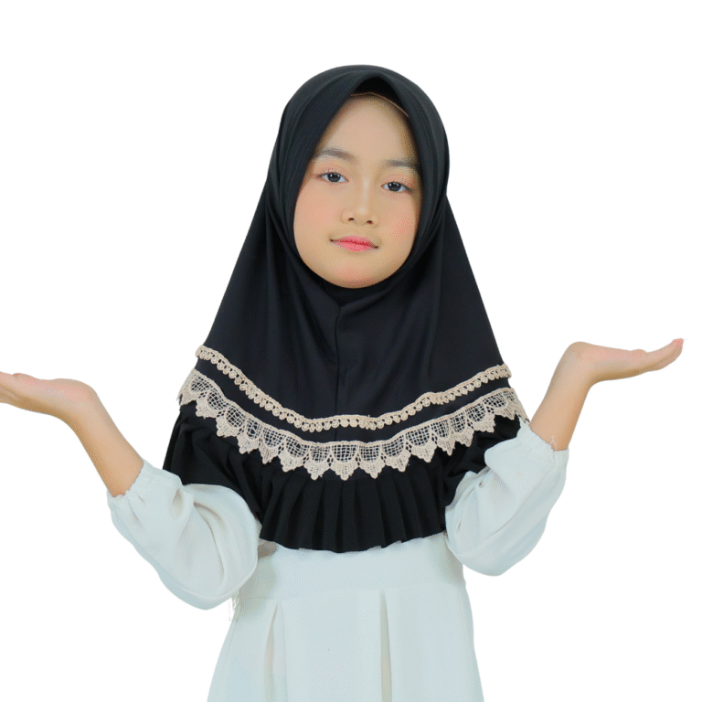 Chic Black Lace and Ruffle Hijab for Kids