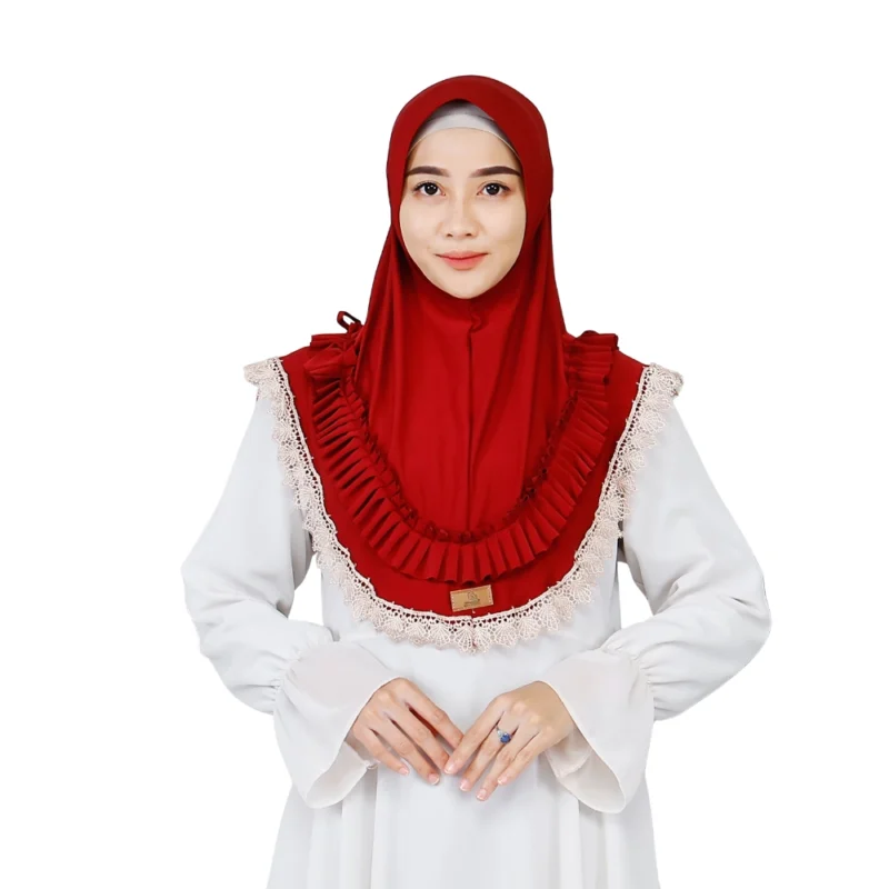 1 Festive Red Ruffle Lace Instant Hijab