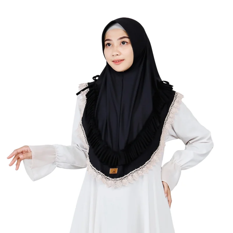 Black Lace Trim Instant Hijab for Girls