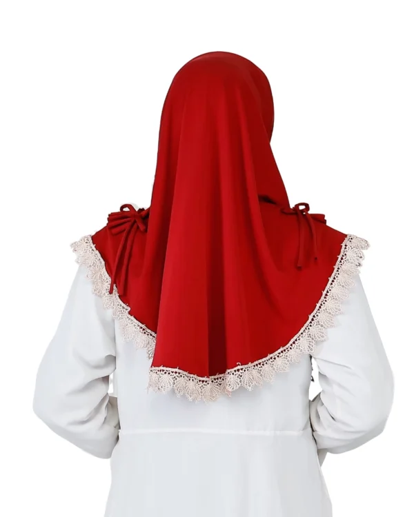 Festive Red Ruffle Lace Instant Hijab – Elegant Wear - Image 3