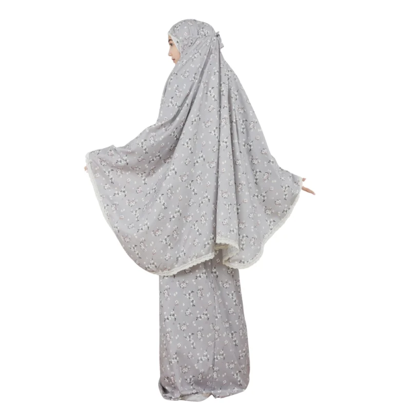 Gray Floral Patterned Prayer Dress For Girls
