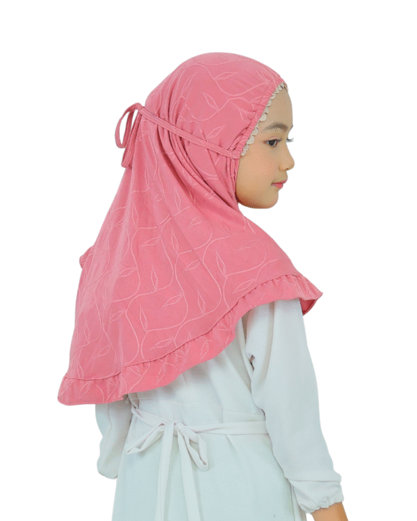 Pink Leaf Pattern Hijab for Kids – Soft, Stylish & Comfortable Wear - Image 2