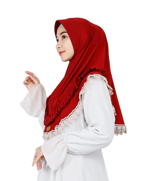 Festive Red Ruffle Lace Instant Hijab – Elegant Wear - Image 2