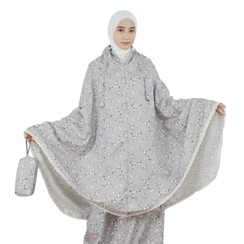 3 Gray Floral Patterned Prayer Dress For Girls